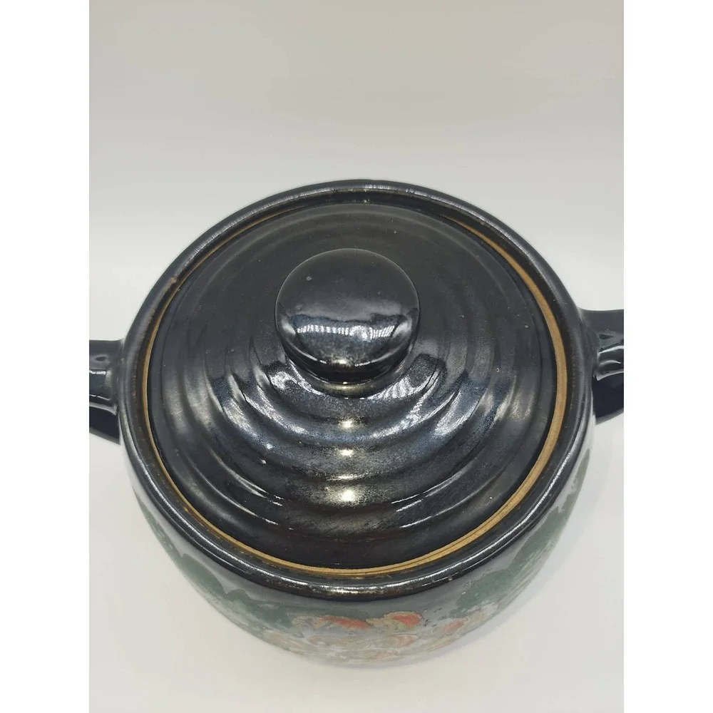 Vintage Black Ceramic Hand Painted Grape Bean Pot Cookie Jar with Lid 2 Handle - Picture 5 of 16